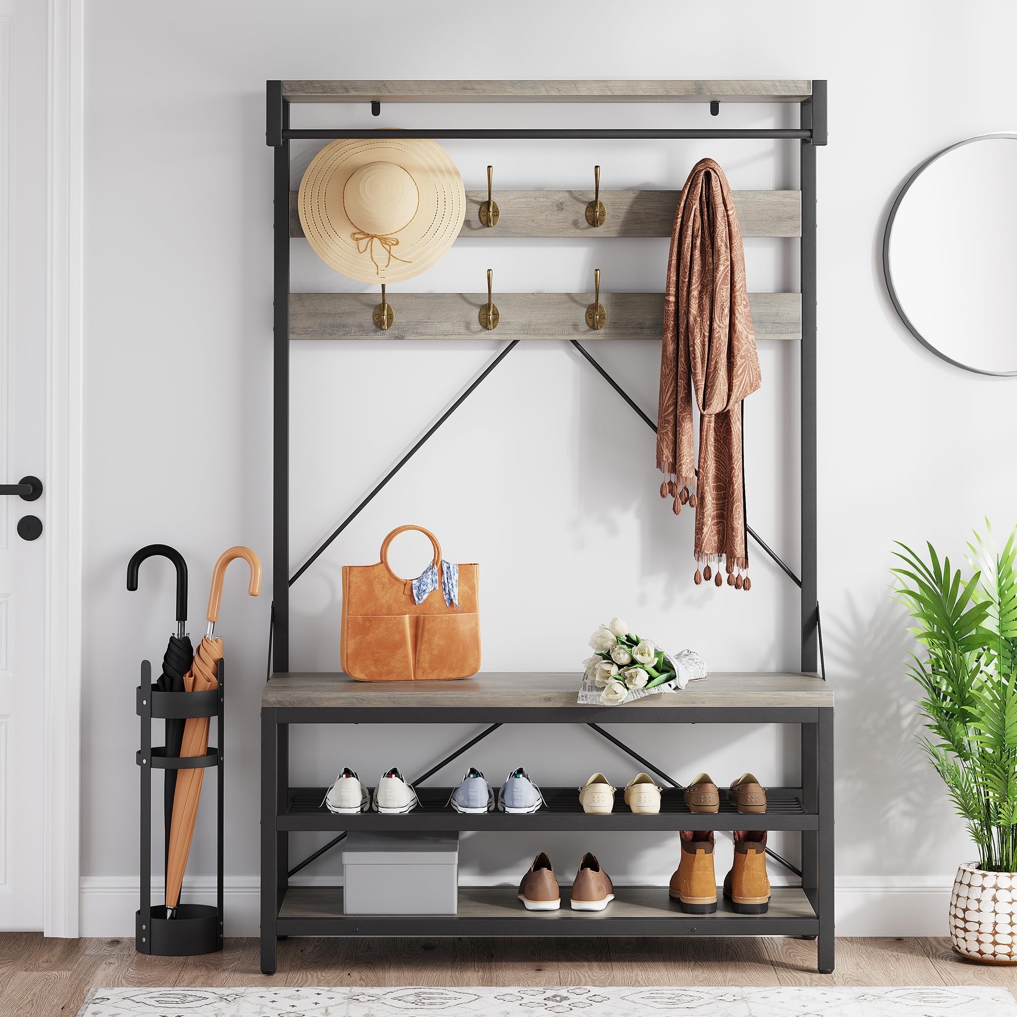 Photo 1 of Garvee Coat Rack, Hall Tree with Shoe Storage Bench, Farmhouse Entryway Furniture Mudroom Storage with 8 Hooks, Industrial Hanging Bar & Shelf, Wood Look Accent Entry Bench for Entryway, Steel Frame