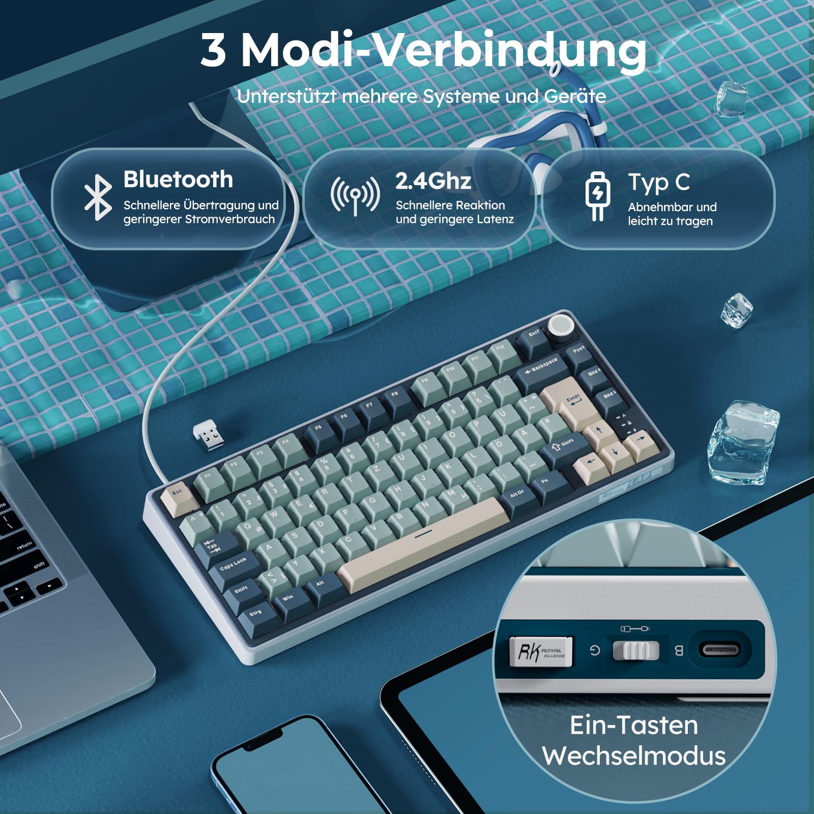 RK ROYAL KLUDGE R75 Mechanische Tastatur Kabellos 75%, Gasket Gaming Tastatur 75 Prozent TKL mit Knopf QWERTZ RGB Bluetooth/2.4G/USB-C PBT Tastenkappen QMK/VIA, Hot Swap Linearer Creamy Switches 4