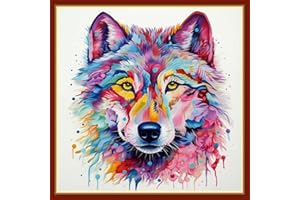 Findvoor Stamped Cross Stitch Kits for Beginners Full Range of Cross Stitching Embroidery Pattern for Kids or Adults, 11CT DIY Needlepoint Embroidery Starter Kits-Colorful Wolf 17.7x17.7 inch