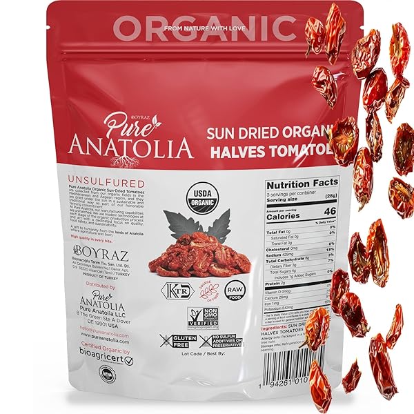PURE ANATOLIA ORGANIC SUN-DRIED TOMATOES JULIENNE CUT – DRY PACKED, NO OIL ADDED, UNSULFURED, NO PRESERVATIVES – PREMIUM TURKISH QUALITY – PERFECT FOR PASTA, SALAD & COOKING – 3.17 OZ RESEALABLE BAG