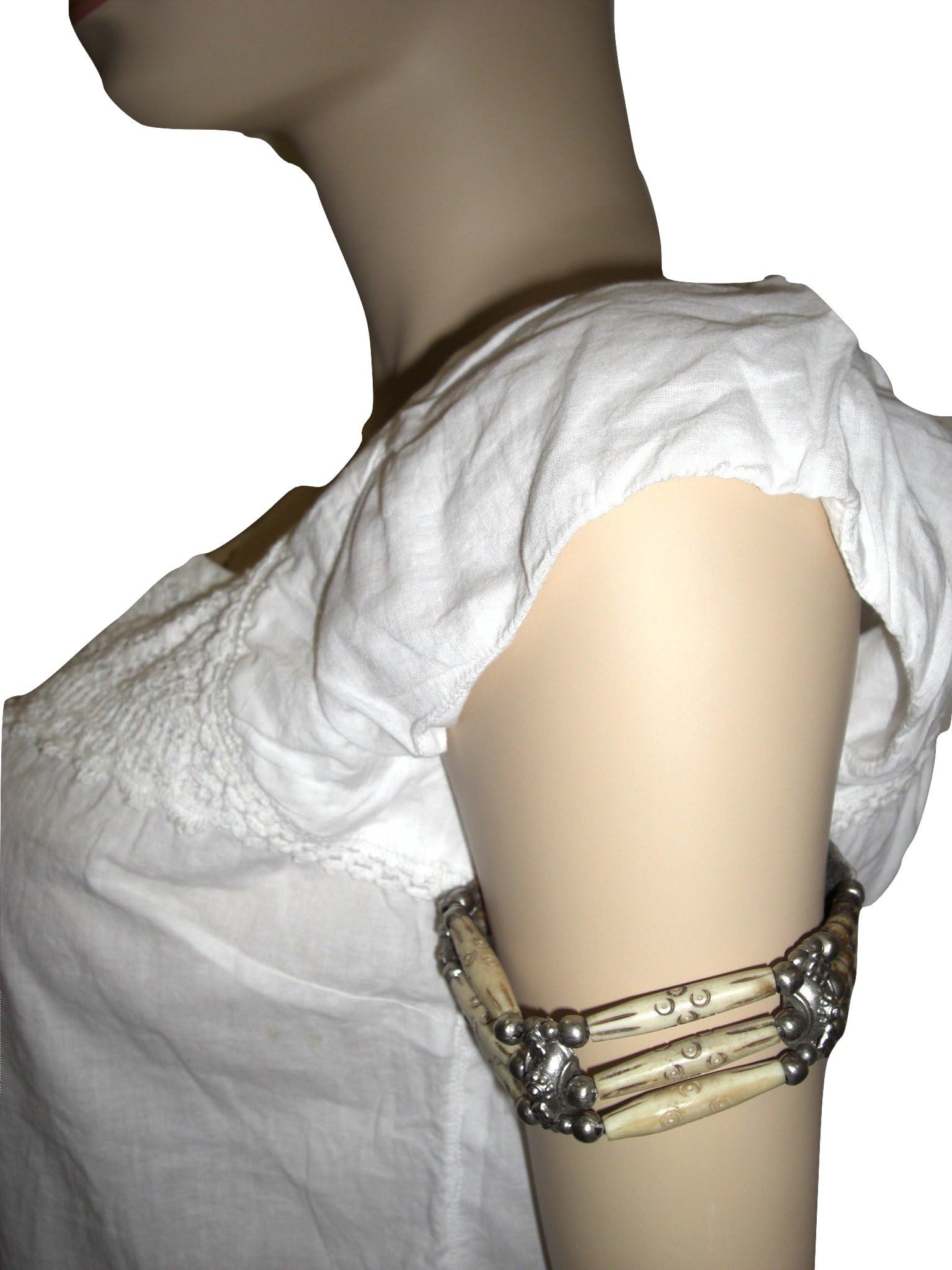 Goethnic Handmade Multi-Stranded Arm-Band Cum Necklace With Exclusive Camel Bone Beads And Pieces And Engraved White Metal Tribal Art Item