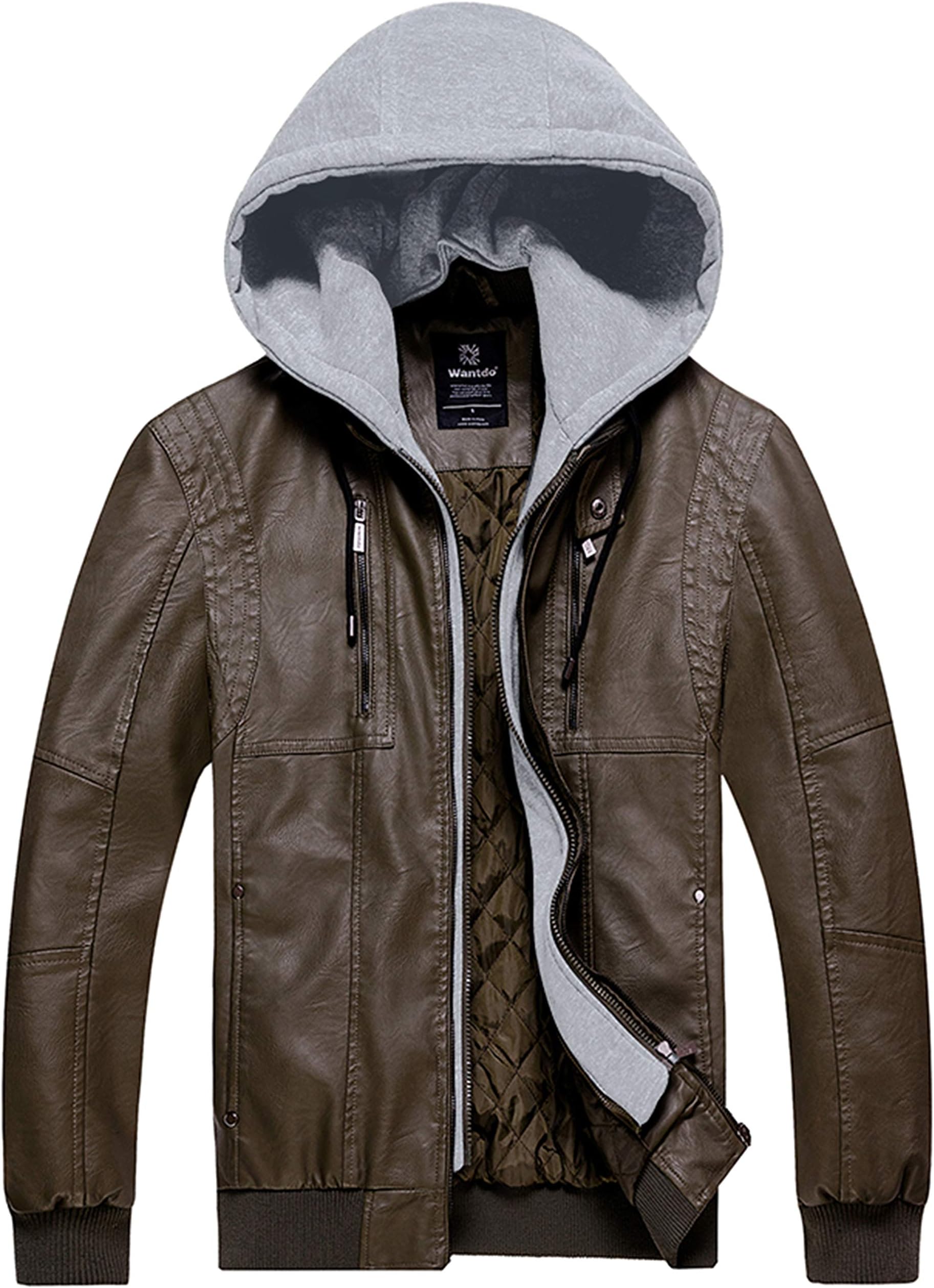 Men's Faux Leather Jacket Motorcycle PU Warm Coat Biker Coat with Removable Hood