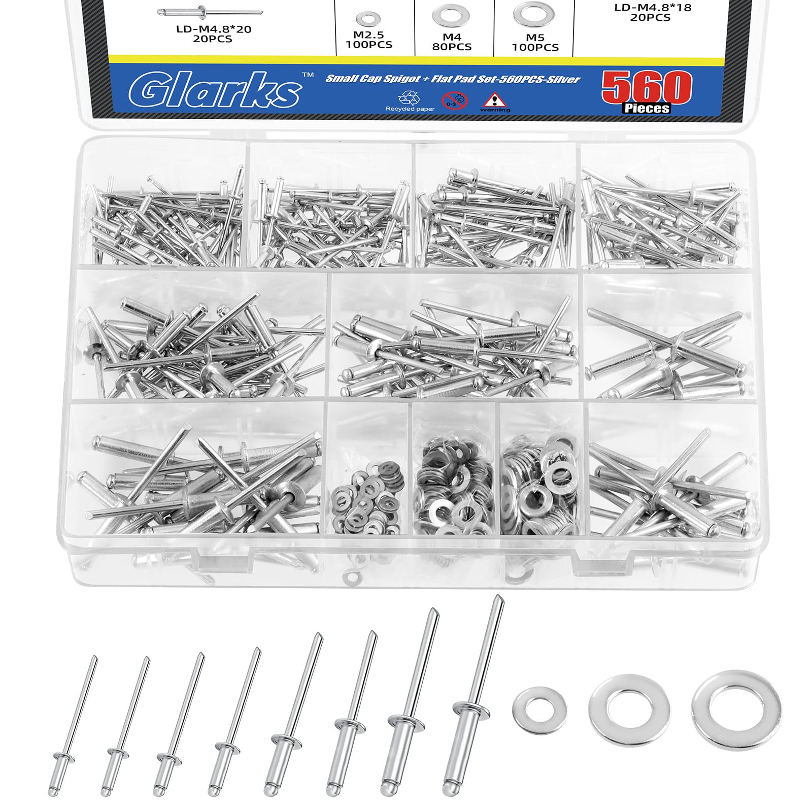Glarks 560Pcs Silver Blind Rivet Fasteners Kit, 8 Size Aluminum Pop Rivets with 3 Size Backup Washers Assortment Kit for Aviation Automobile Furniture Use