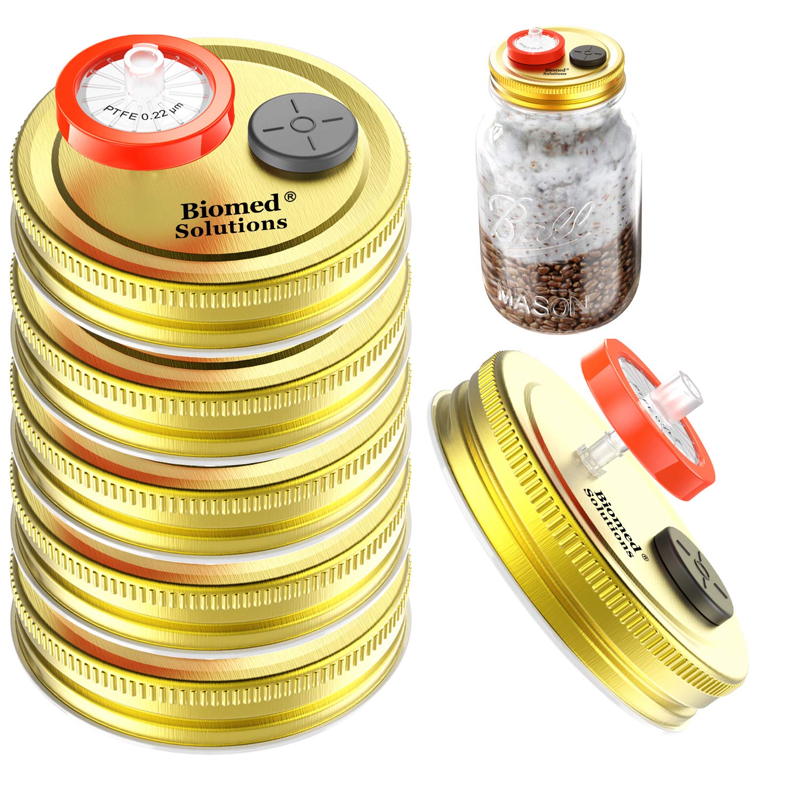 6 Pcs Regular Mouth Liquid Culture Lids Wheat Jar Lid with 0.2 Micron PTFE Syringe Filter and 20mm Self Healing Injection Ports for Growing Mycology