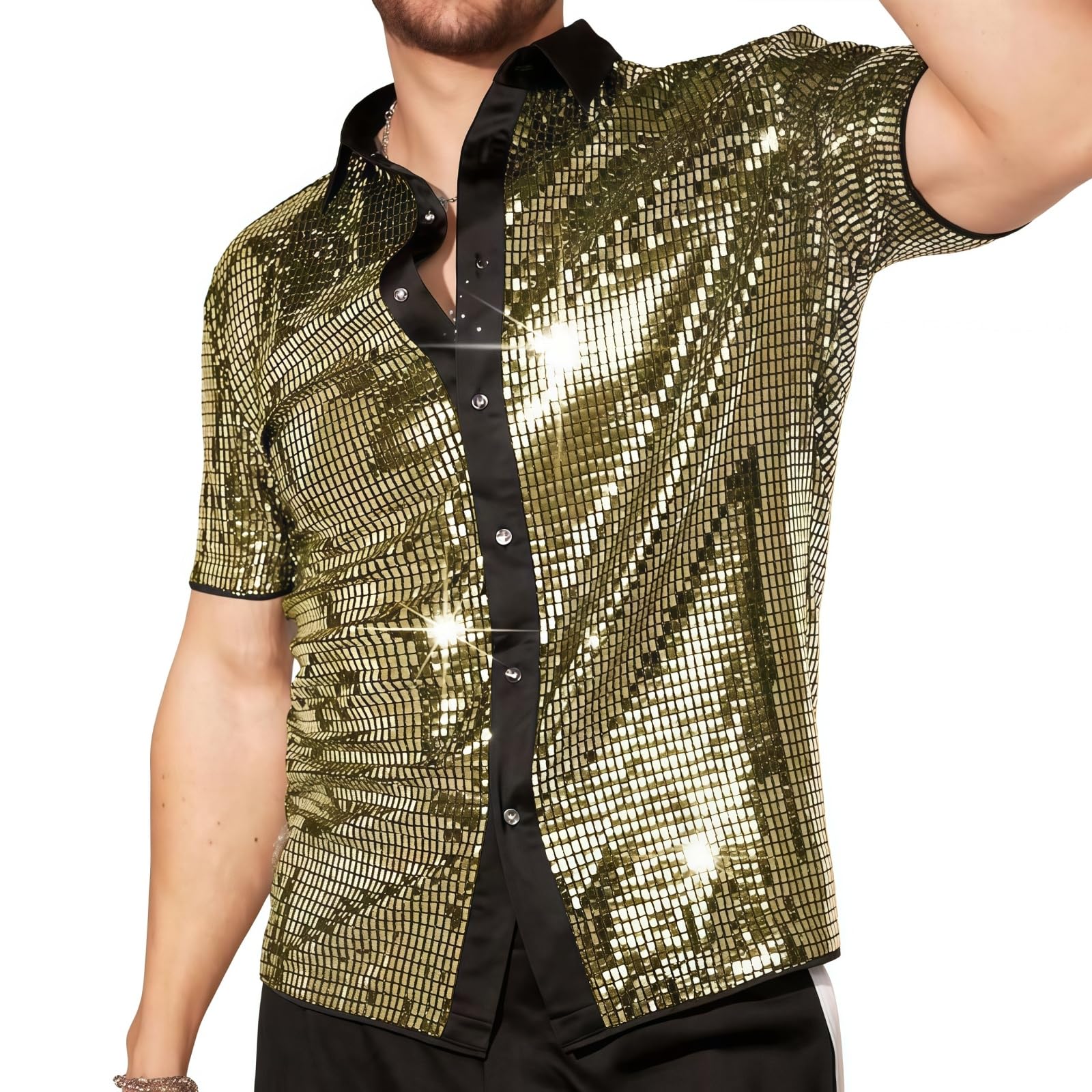 Men's Shiny T-Shirt, Short Sleeve Sequins 70s 80s Disco Fancy Dress Shirt, Vintage Lapel Button Down Sparkly Dancing T-Shirt, Sheer Mesh Button Front Tops for Party Nightclub Christmas Prom Costume