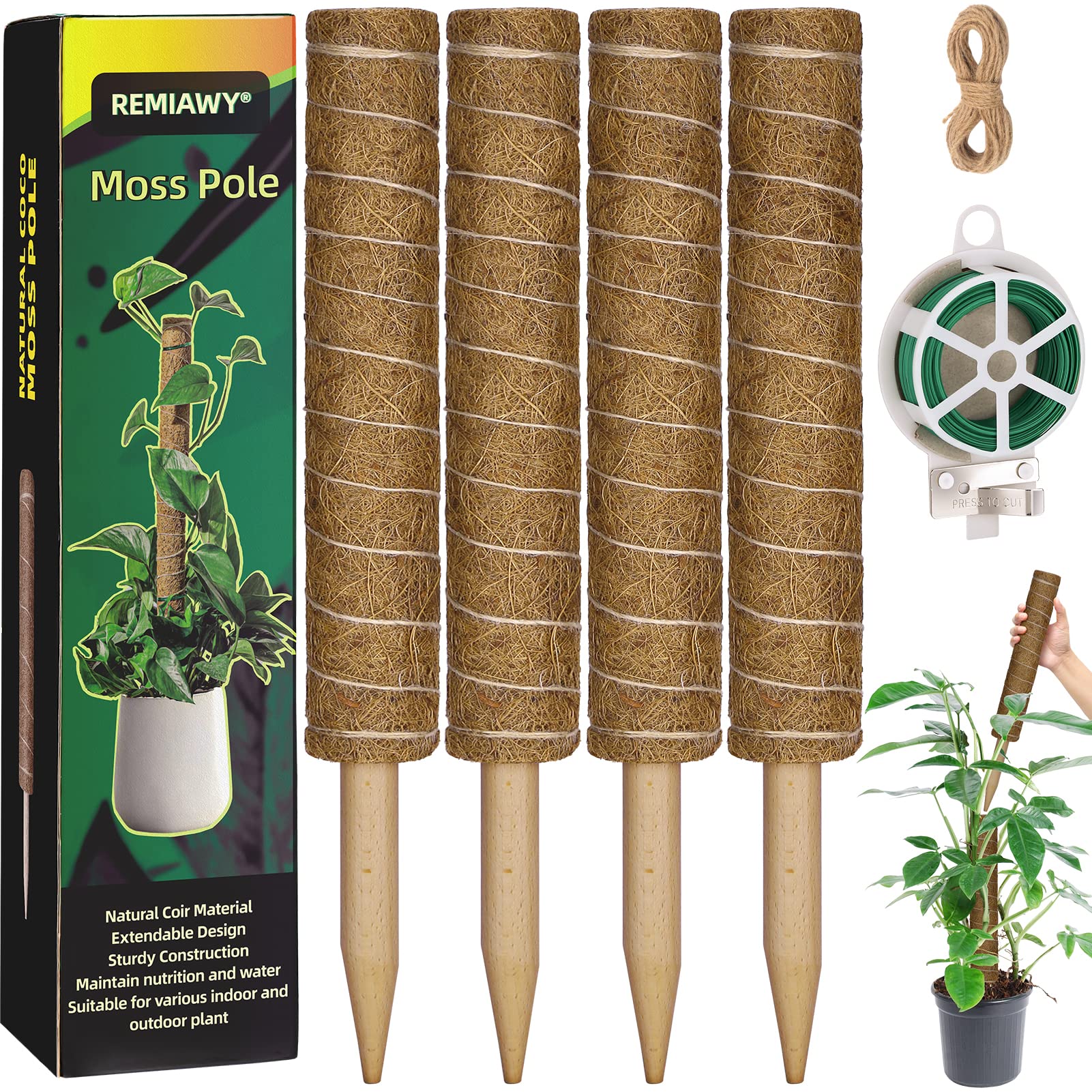 Moss Pole 56 Inch 142cm, 4 Pcs Moss Pole for Monstera, 45cm Coir Totem Pole Moss Stick for Climbing Plants Indoor Monstera Support Extension, Train Potted Creepers to Grow Upwards, 65 Feet Twist Tie