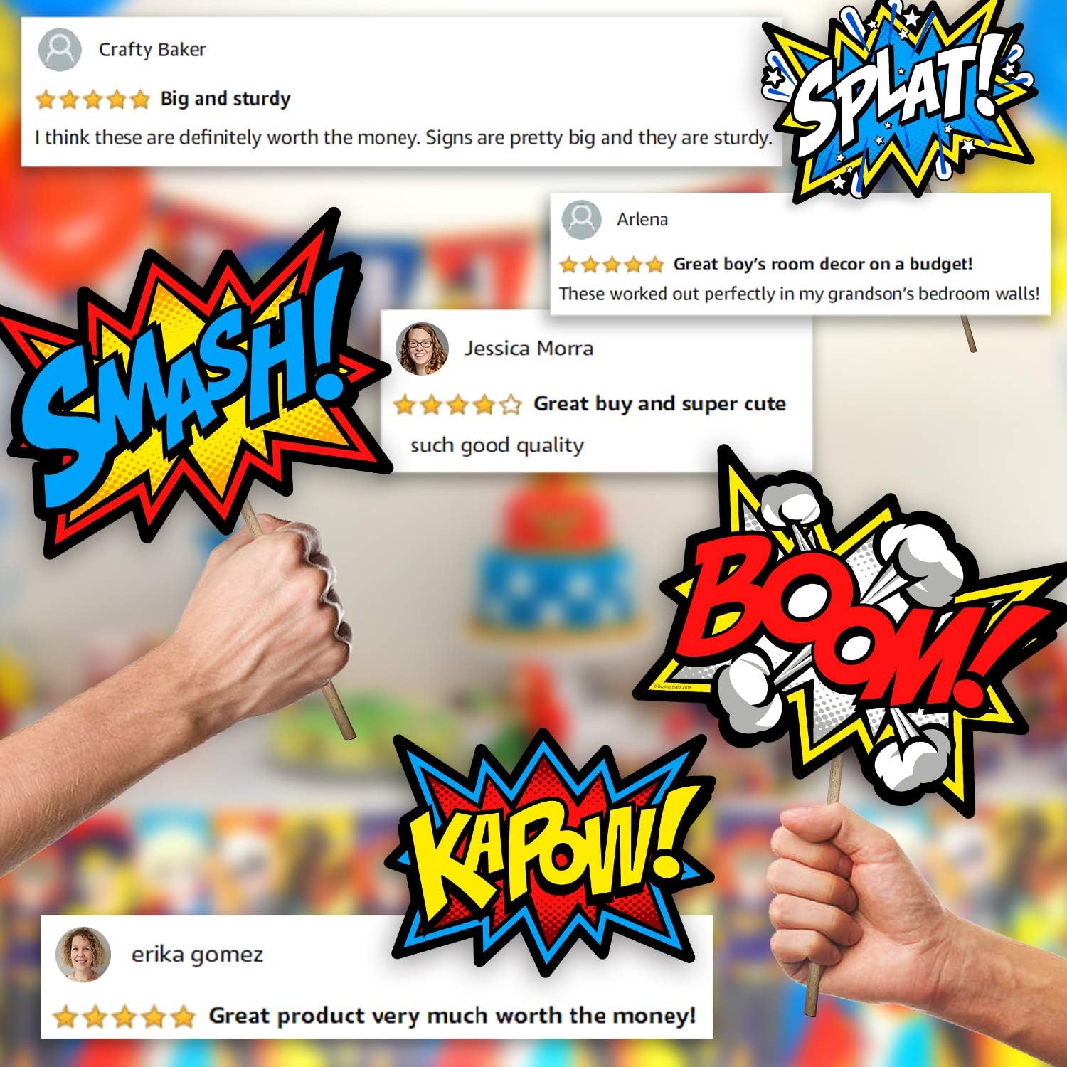 Bigtime Signs Large Superhero Word Cutouts - Birthday Party Supplies Wall Decoration Signs - 12 inches x 16 inches - 12 pcs Light Cardboard Super Hero Cut Words, Sayings, Sounds: Kitchen & Dining