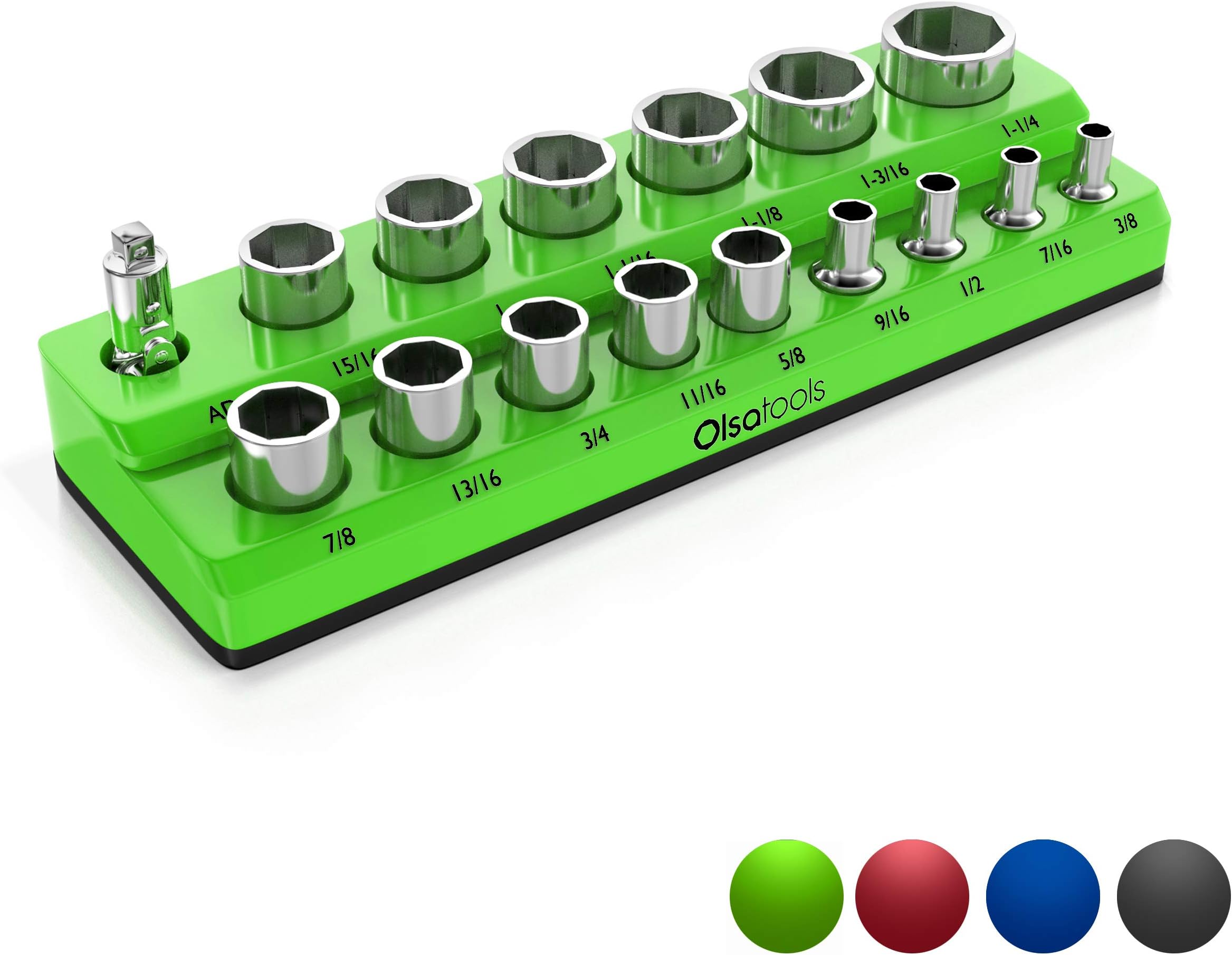Magnetic Socket Organizer | 1/2-inch Drive | SAE | Green | Holds 16 Sockets | Professional Quality Tools Organizer | by Olsa Tools