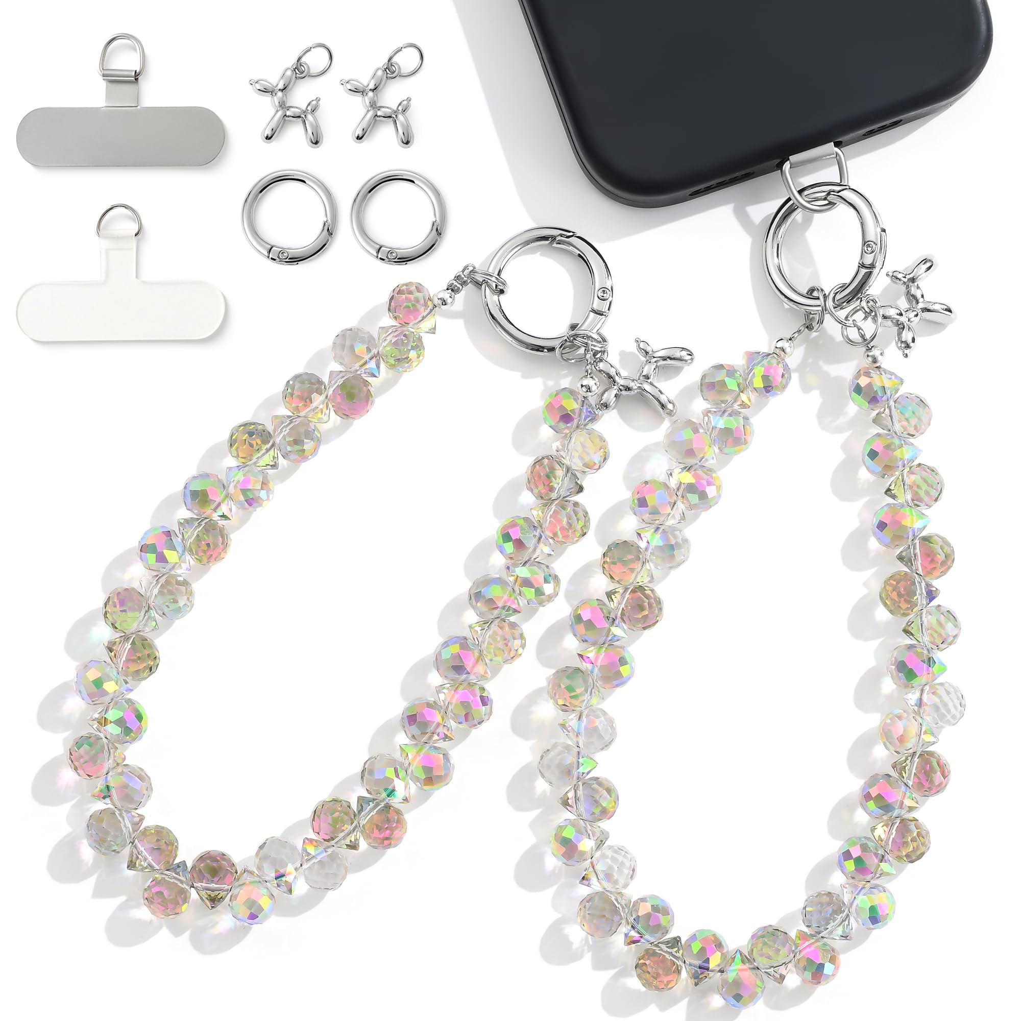 Photo 1 of 2pcs Crystal Phone Wrist Strap Phone Charm Chain Keychain Beaded Cellphone Lanyard with Tether Tab Hands-Free Wristlet Bracelet Wrist Grip Strap for Women, D-Crystal AB