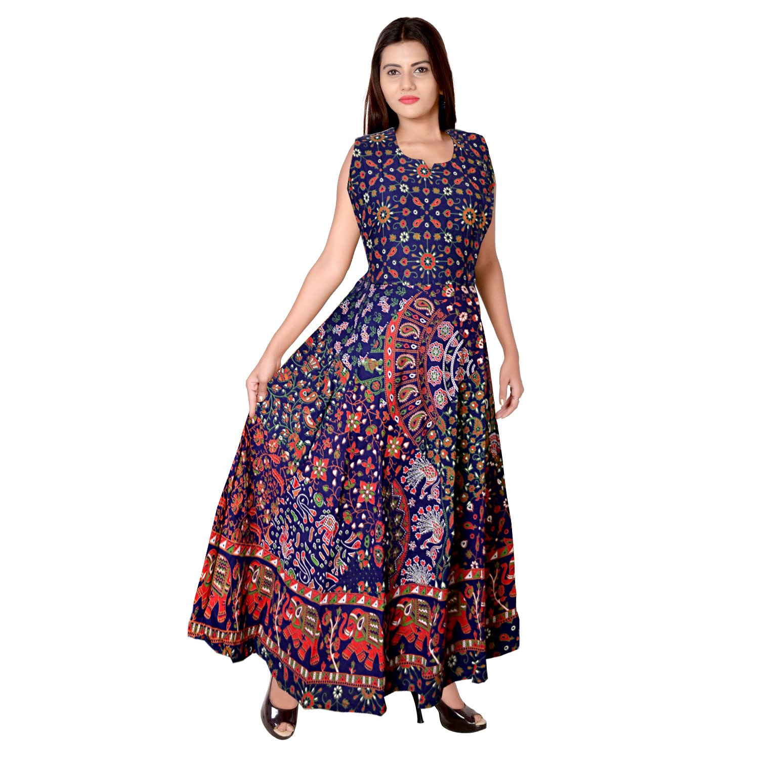 jwf women's cotton knee-high sleeveless midi dress (free size, multi-colour)