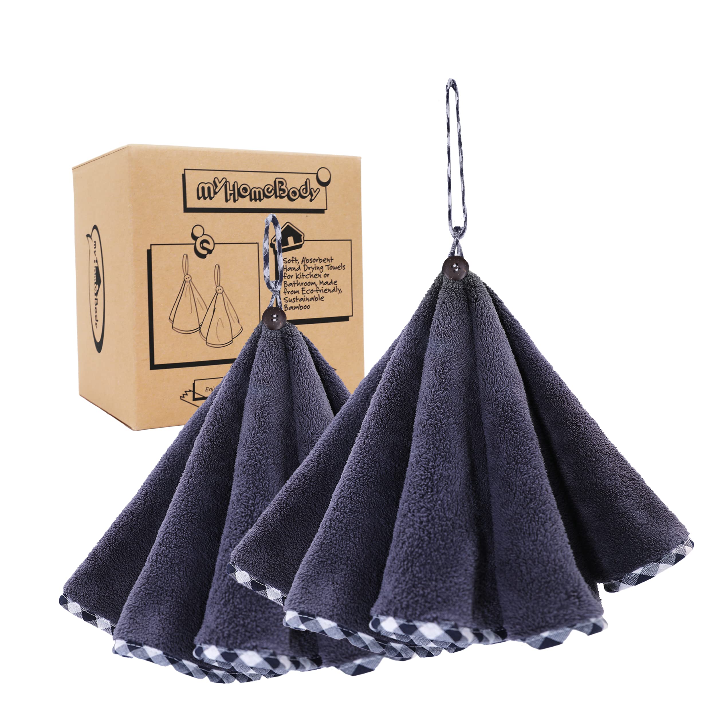 myHomeBody Hand Towels with Hanging Loops, Absorbent Charcoal Fiber Cleaning Clothes with Coconut Shell Button for Kitchen, Round Shape, Set of 2, Midnight Blue