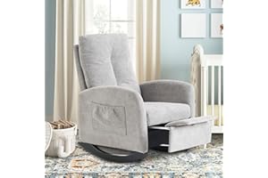 cinkehome Nursery Rocking Chair with Retractable Foot Rest, Mid Century Rocking Chair with Solid Wood Legs, High Back, Glider Rocker Accent Armchair for Living Room