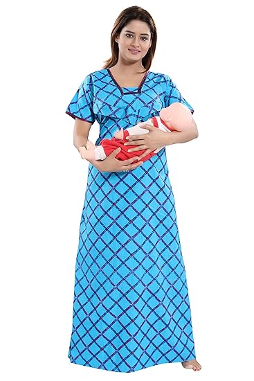 Women's Cotton Fabric Beautiful Print Invisible Zip Pattern Feeding/Maternity/Nursing Nighty