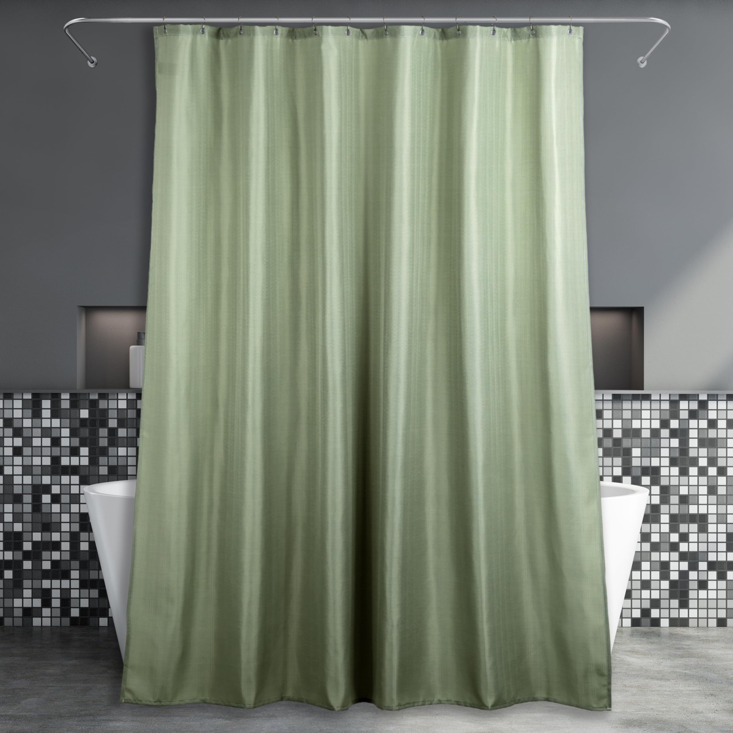Popkozzi Green Extra Long Shower Curtain: Sage Green Anti Mould Water Repellent Washable Fabric Curtain for Bathroom - Elegant Lightweight Polyester Curtain - 183 x 244cm Drop
