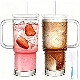HEGBYIHE 28oz Glass Coffee Cups with Lids and Straw,2 Pack Glass Tumbler with Handle for Cold & Hot Drinks Wide Mouth Travel Mug for Smoothies,Beer,Tea,Juice and Iced Coffee Cups with Lids and Straw