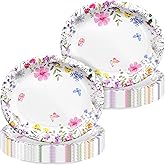 100 Pcs Spring Paper Plates 10.6" x 12.6" Large Disposable Heavy Duty Watercolor Flowers Butterfly Party Plates Floral Dessert Platters for Seasonal Lunch Dinner Birthday Party Supplies
