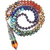 Jovivi 108 Mala Beads Bracelet Real Stones 7 Chakra Healing Crystals Necklace with 12 Facted Prism Pointed Pendant Reiki Energy Balancing Prayer Mala Beads for Meditation