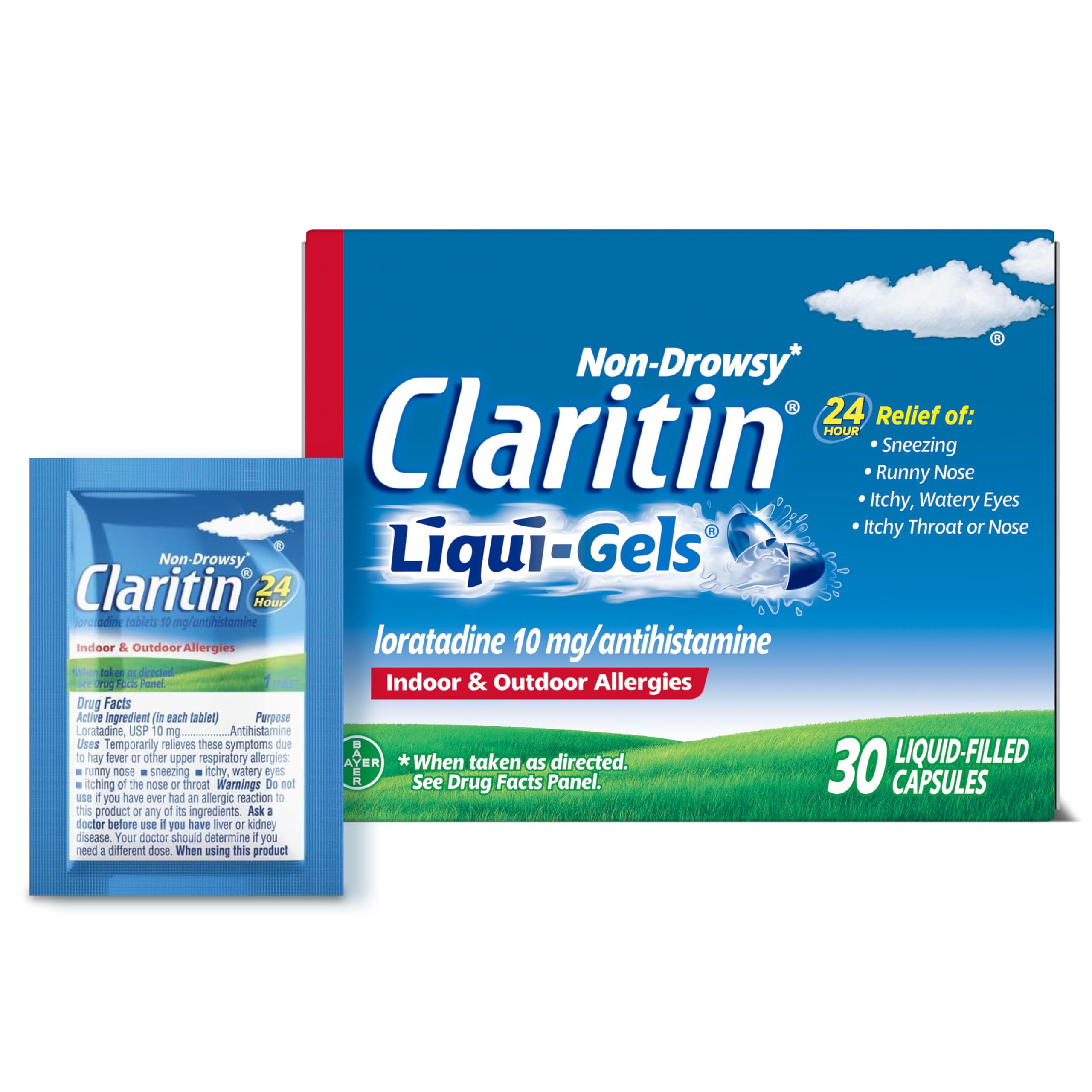 Claritin Allergy Medicine for Adults, 24-Hour Non-Drowsy Loratadine 10mg, Antihistamine, 30 Liquid Gels + 1ct On-The-Go Relief Image