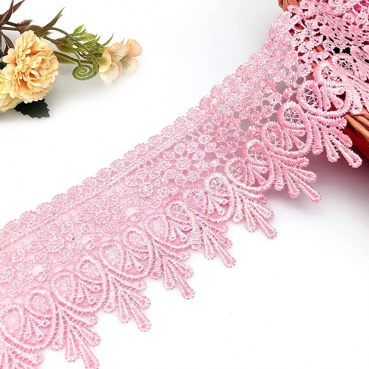 FQTANJU 5 Yard Floral Lace Edge Trim 9cm Wide Ribbon Edging Trimmings Wedding Dress Embellishment Gift Party Decoration Applique DIY Sewing Crafts (Pink)