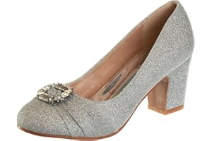Badgley Mischka Closed Toe Heels for Kids Girls - Block Heel Dress Shoe Pumps with Crystal Frame (Sizes 13-6 Little Kid-Big Kid)