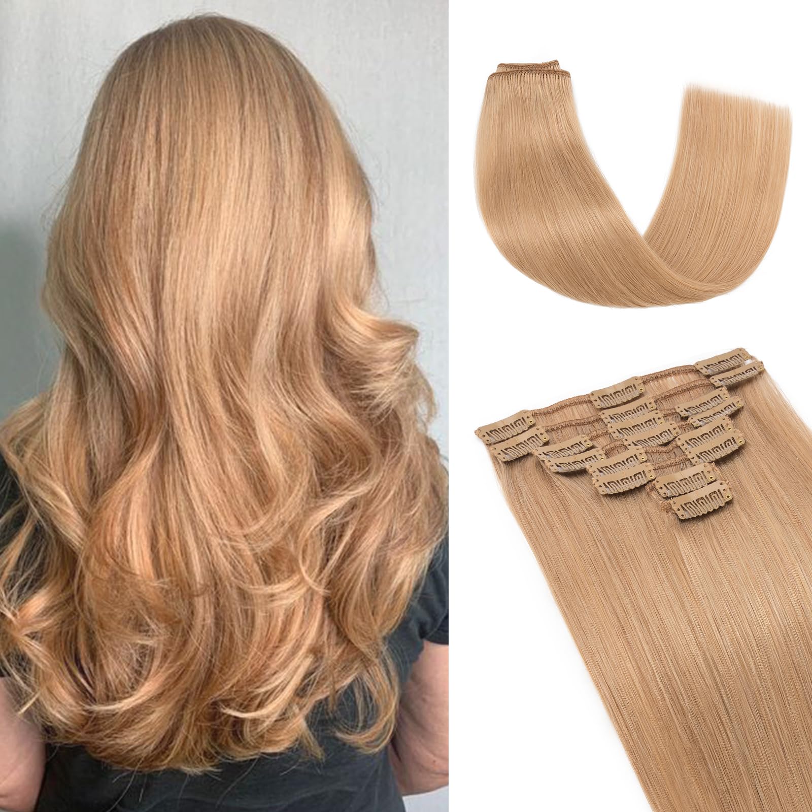 UK-Fashion-Shop Human Hair Extensions Clips in Real Hair Extension 8pcs 18 clips Long Straight Natural 18inch(70g)#27 Dark Blonde — image 1