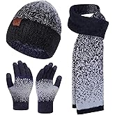 Winter Beanie Hat Scarf Gloves, Warm Fleece Lined Knit Beanie Hat Long Scarf & Touch Screen Gloves for Women Cold Weather Set