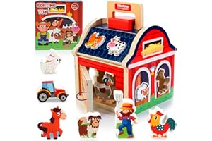 KIZFARM Farm Animals Toys for 1 2 3 Year Old Girls Boys, Wooden Take-Along Sorting Barn Toy with Door, Shape Sorter Wooden Blocks Baby Montessori Learning Toys, Christmas Birthday Gifts for Toddlers 1-3