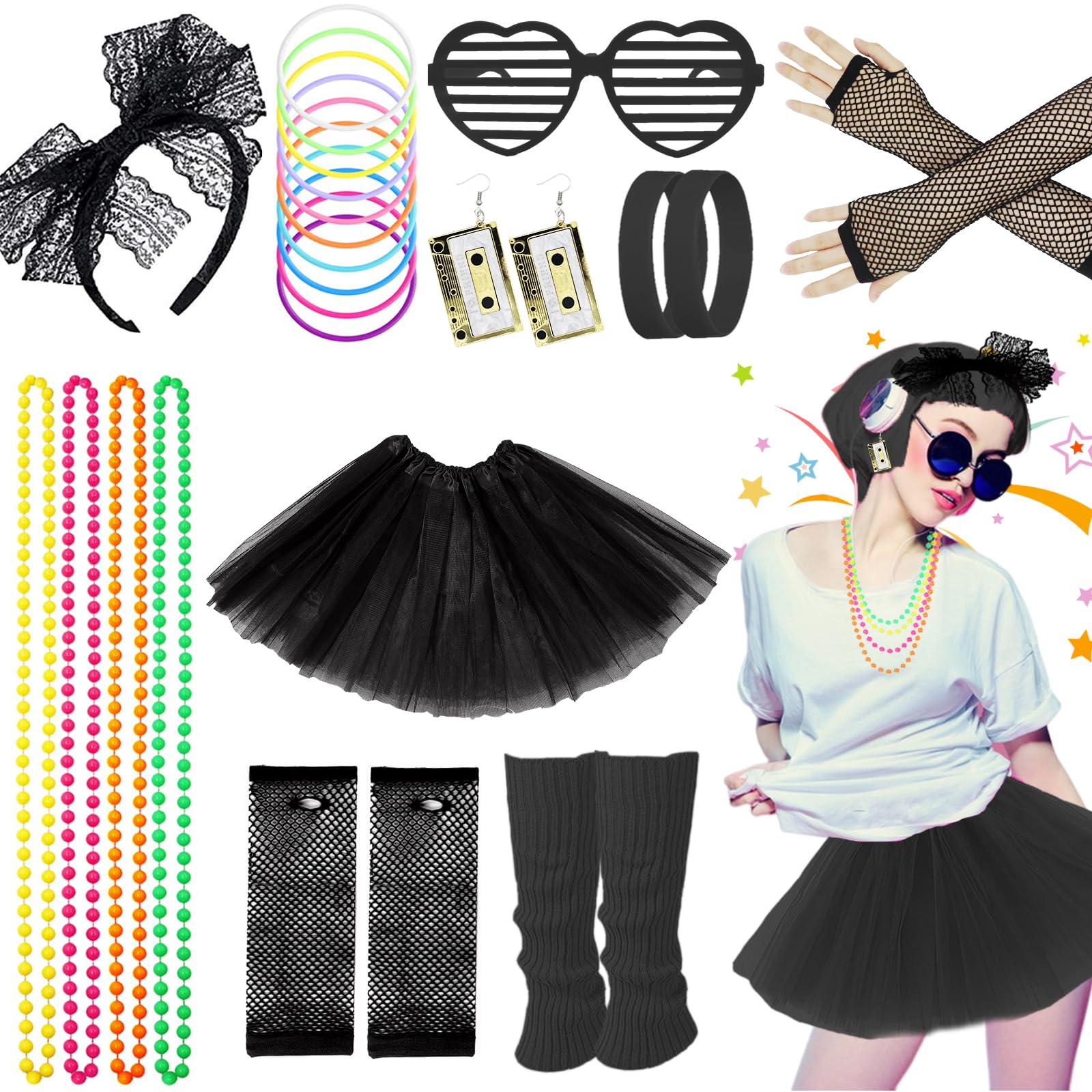 80s Fancy Dress for Women, 1980s Party Rainbow Costume Accessories Set Tutu Skirt Leg Warmers Fishnet Gloves Glasses Earrings Bracelet Necklace Headband, Retro Outfit for 80s Party, Dress up Day