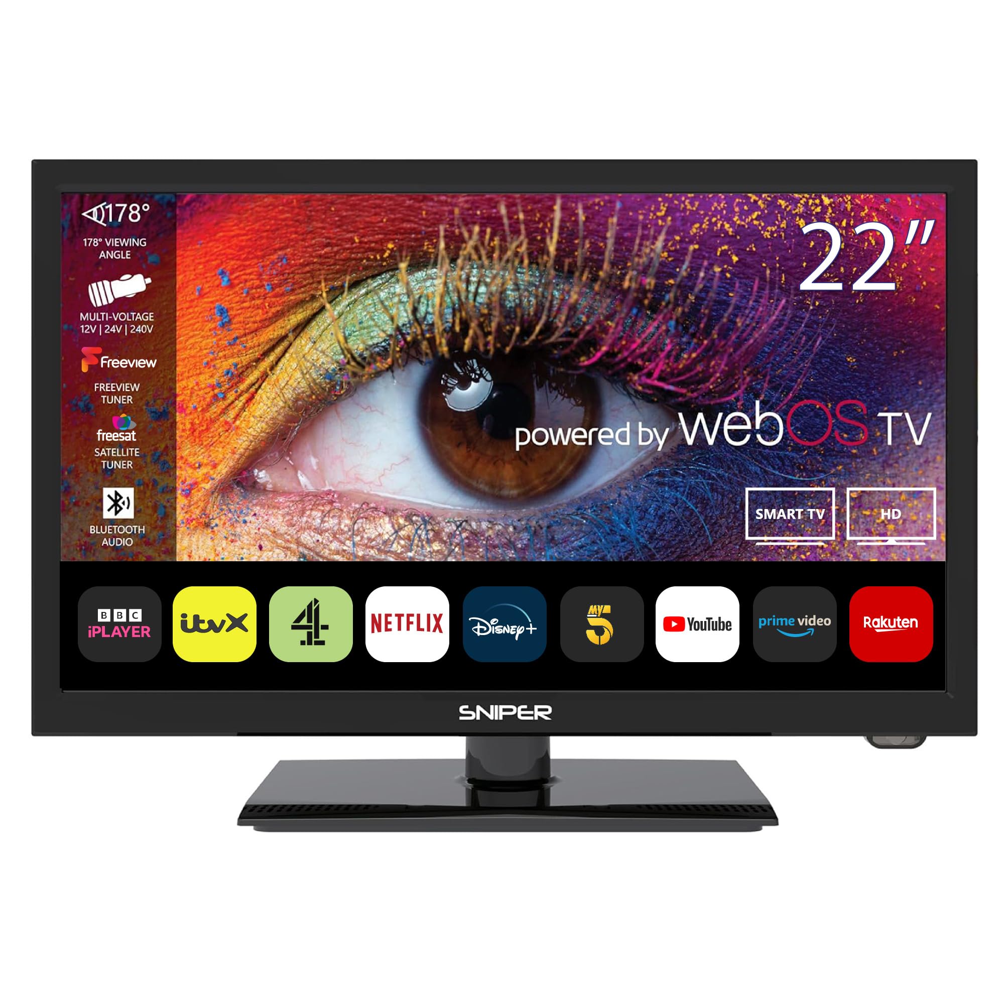 Sniper 22″ SMART LED Camping TV – webOS – Bluetooth 5.0, Wifi, Freeview Tuner, Satellite Tuner, Streaming & Catchup, 3 x HDMI, 2 x USB, Multimedia player, HD — image 1