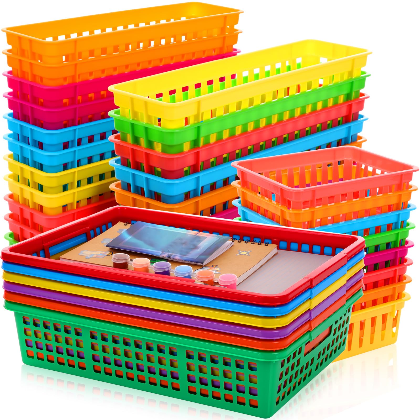 Photo 1 of CroBlissful 36 Pcs Plastic Classroom Storage Baskets Bulk 3 Size Paper Pencil Crayon Organizer Baskets for Desk, Drawer, Paper Book and Pencil Bin Trays for Office, Classroom, Home(Neon Colors)