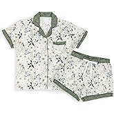 DEMDACO Hunter Green & Pastel Watercolor Floral Pattern Women's Soft Knit Rayon Blend Short Sleeve Button-Up Top & Drawstring Shorts, 2 Piece Pajama Set, Small