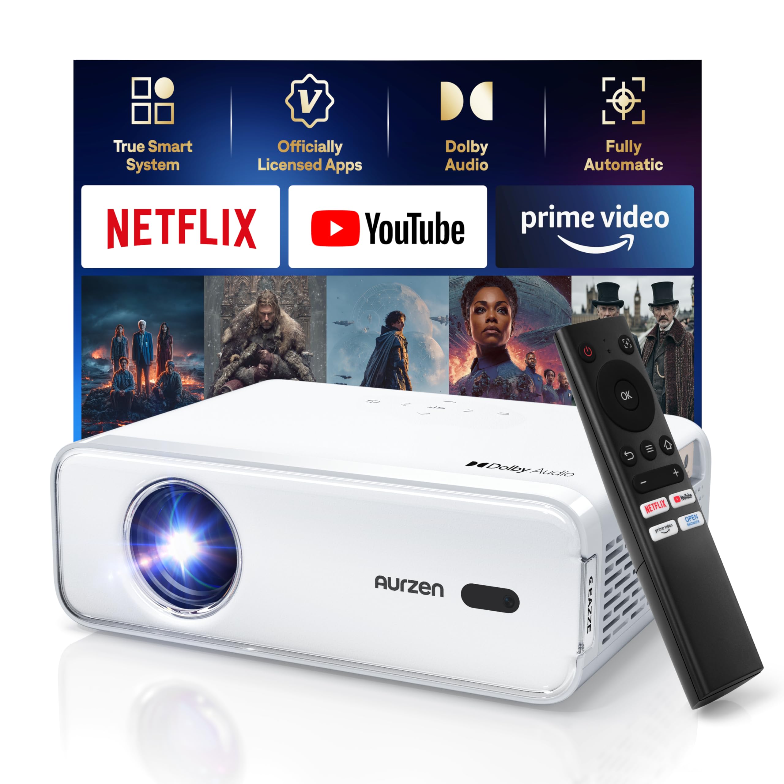 Aurzen EAZZE D1 Smart Projector with WiFi and Bluetooth, Netflix-Officially-Licensed, Auto Focus & Keystone, DoIby Audio, Zoom, Native 1080P Movie, Portable Outdoor Mini Projector, White