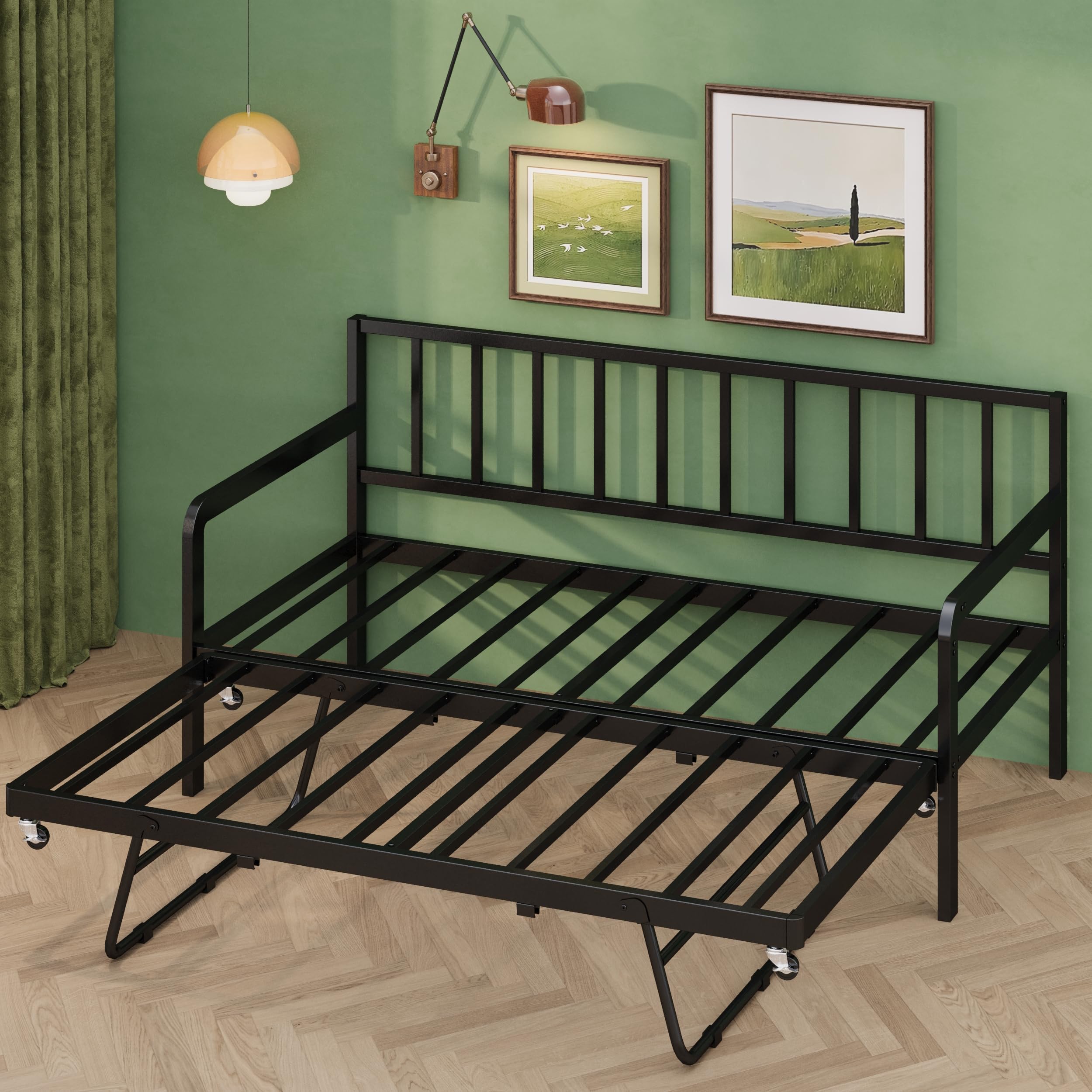 Photo 1 of Lutown-Teen Twin Daybed with Pop up Trundle, Metal Day Bed with Trundle Bed Twin Frame and Steel Slat Support for Living Room, Bedroom and Guest Room, Black
