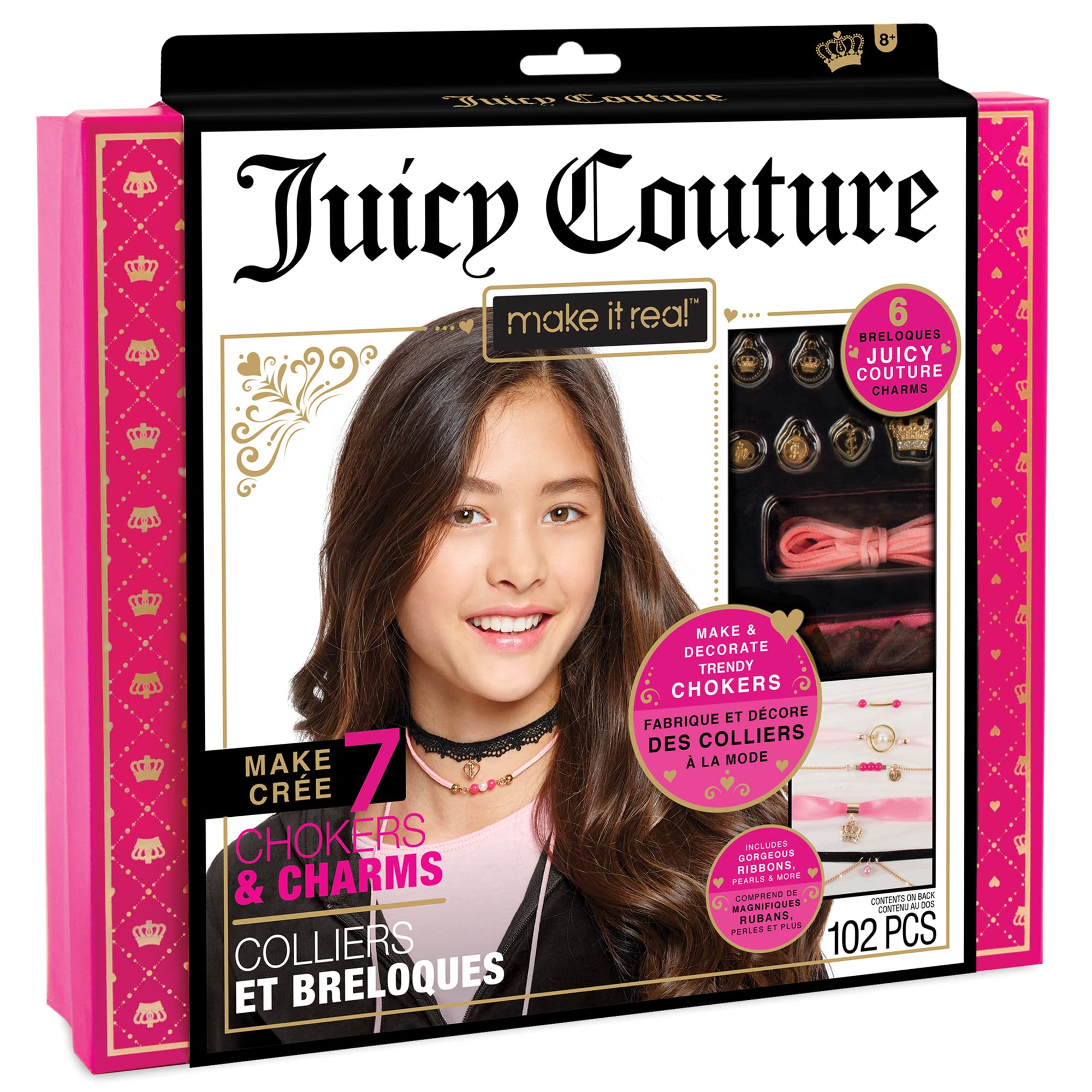 Make It Real Make It Real Juicy Couture: Chokers & Charms Kit - Create 7 Unique Necklaces, 102 Pieces, 7 Trendy Chokers, 6 Juicy Charms, Tweens & Girls, Elastic Fitted Necklaces, DIY Bead Jewelry Kit, Ages 8+