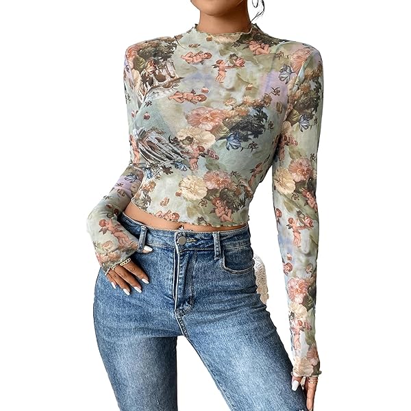 Floerns Women's Mock Neck Long Sleeve See Though Sheer Mesh Tops