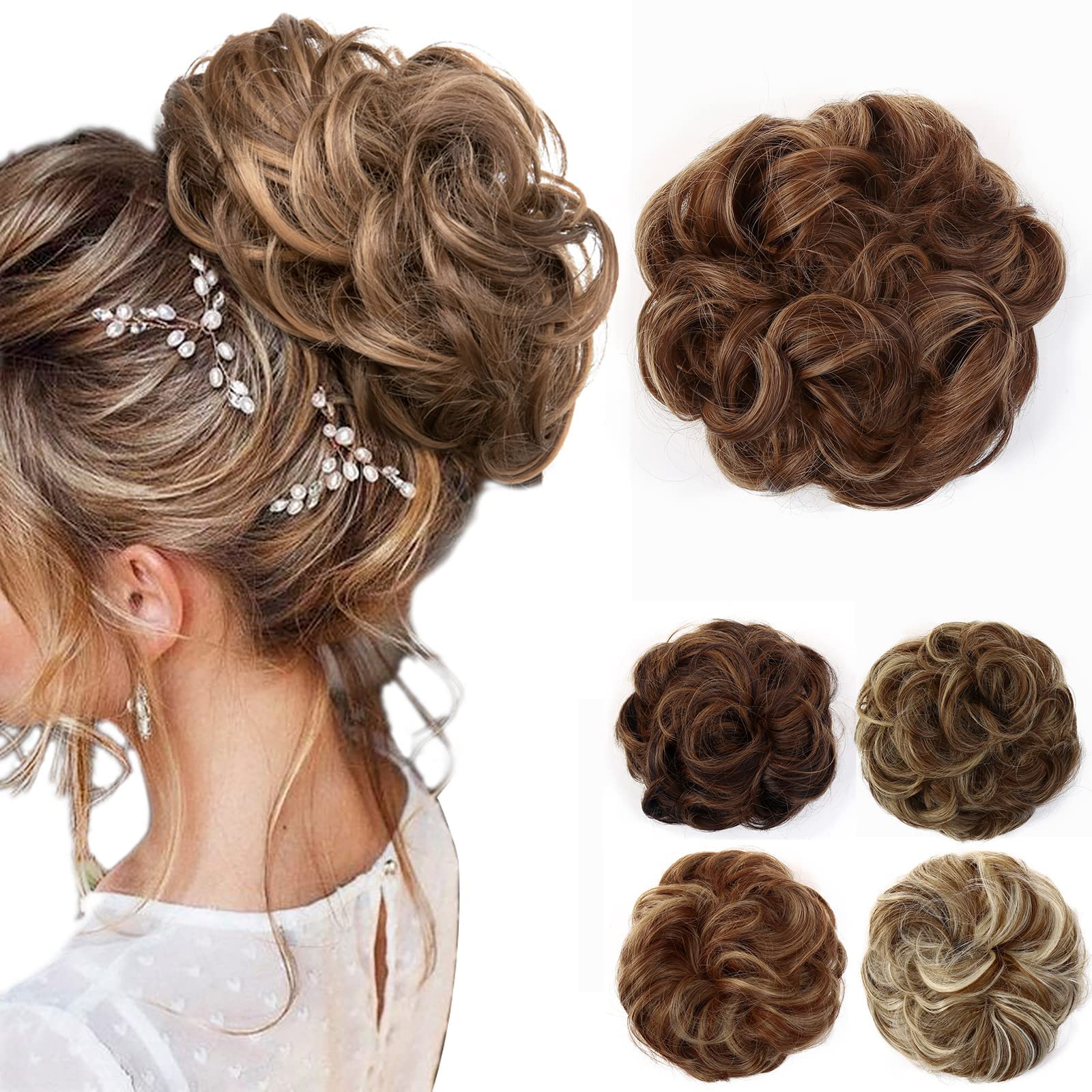JJstar Messy Hair Bun Curly Wavy Hair Scrunchies Accessories Pieces for Women Girls Synthetic Chignons (Brunette/Honey Blonde)