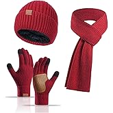 Hat Gloves Scarf Set for Women, Winter Knit Beanie Fleece-lined Touch Screen Gloves Long Scarve 3 in 1 Set Gift for Women