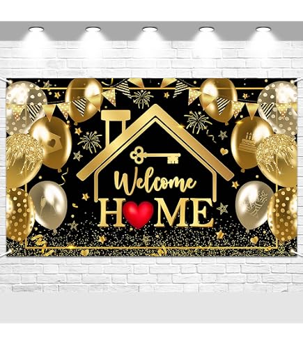 Welcome Home Hintergrund Banner – Schwarz-gold, 210x150 Cm, Für Heimkehr-Partys & Fotohintergrund