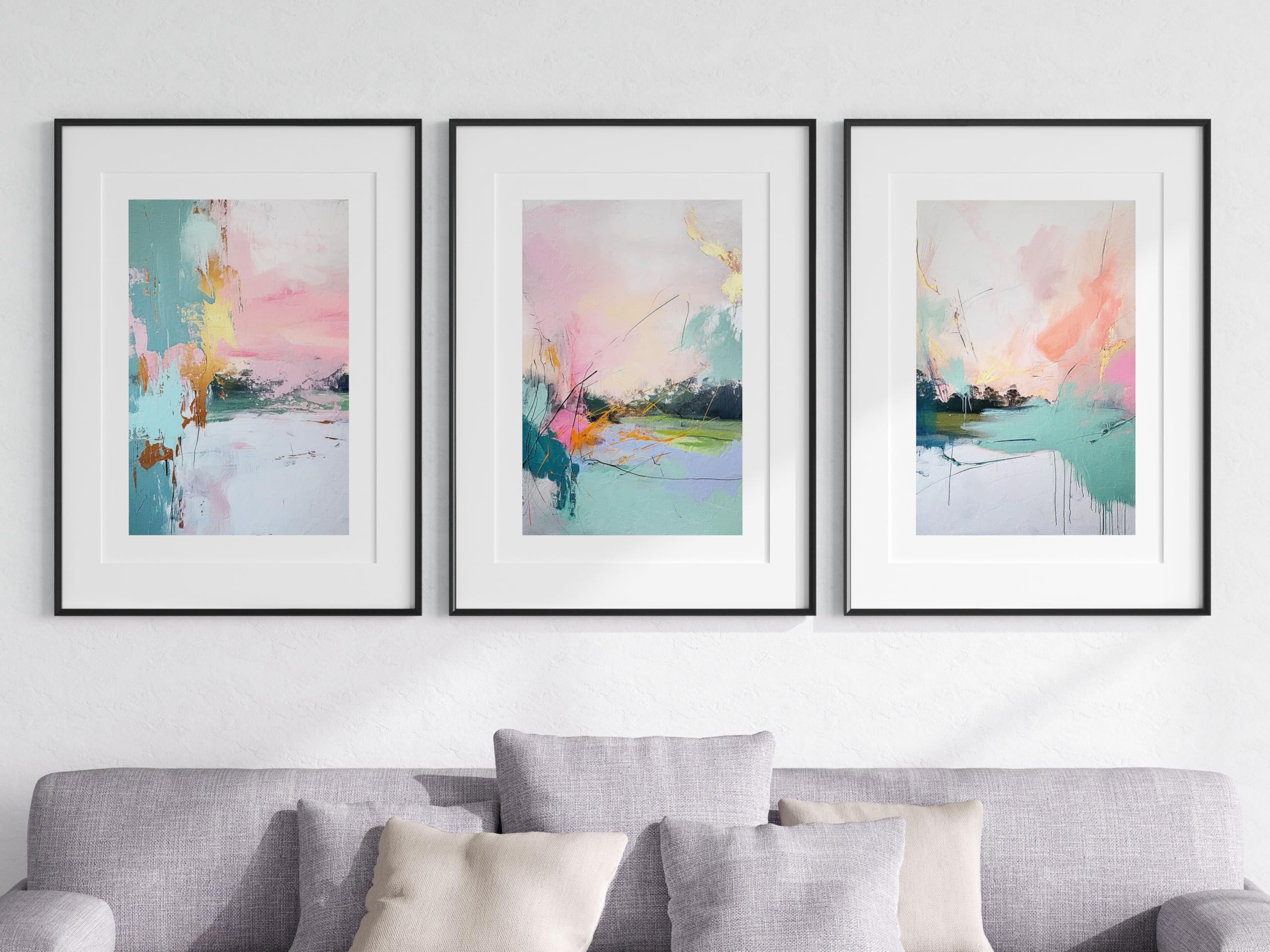 Abstract Sunrise Set of 3 Unframed Wall Poster Prints, Digitally Printed Painting Style, Lounge Bedroom Kitchen Bathroom Home Decor, Modern Abstract in Sunset Colours, Pink Orange Gold Blue (A4)