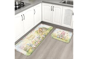 Fanciful Easter Kitchen Mats for Floor, Pastel Bunny and Egg Decor, Spring Cushioned Comfort Washable Non Slip Rugs for Kitch