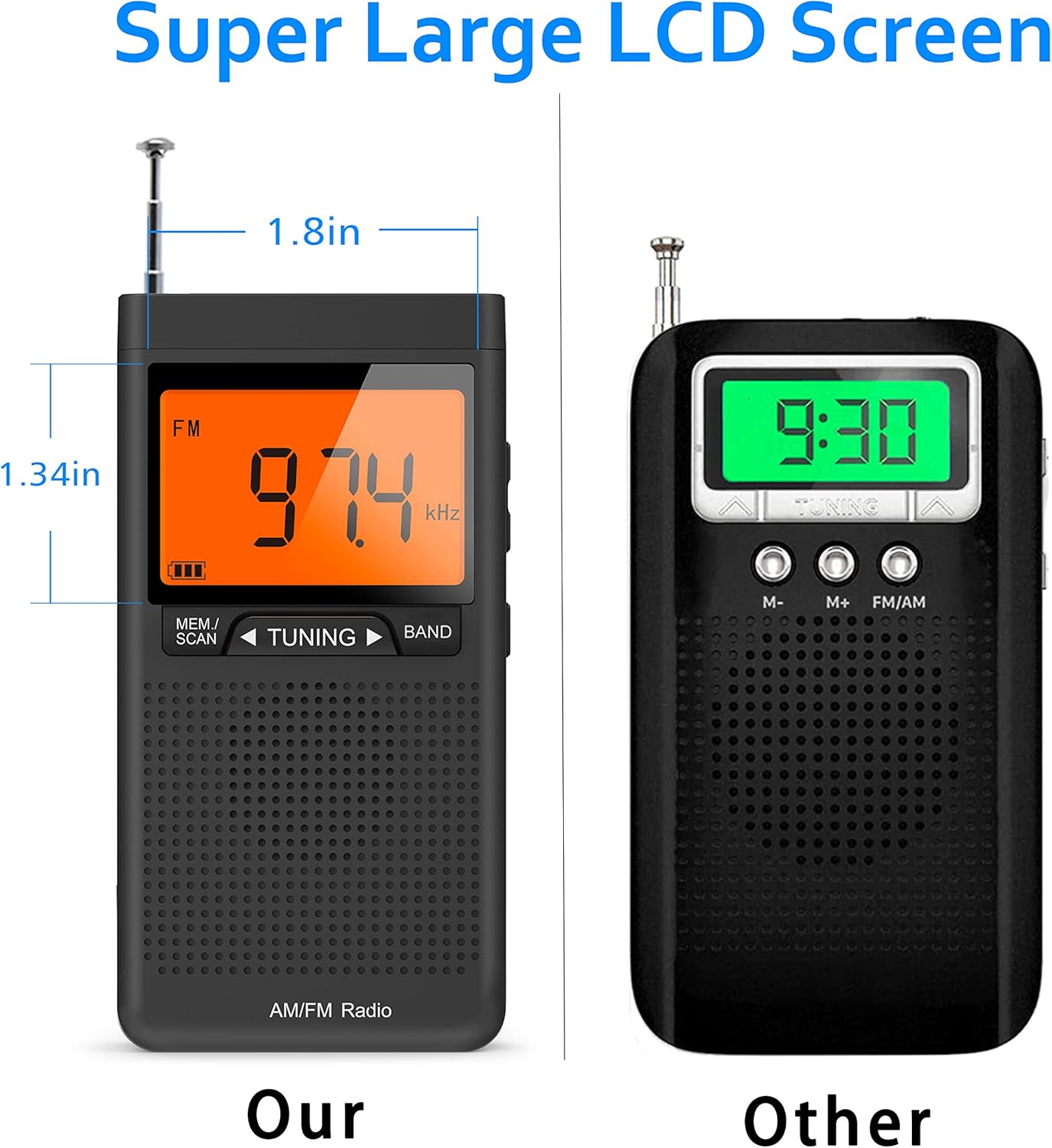AM FM Portable Radio Personal Radio with Excellent Reception Battery Operated by 2 AAA Batteries with Stero Earphone, Large LCD Screen, Digtail Alarm Clock Radio: Home Audio & Theater