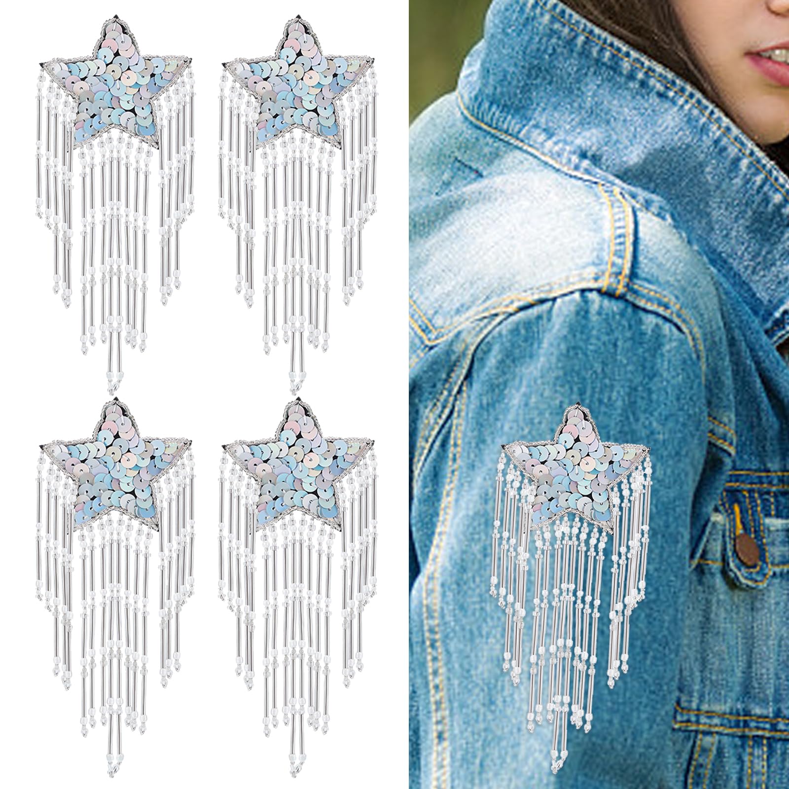INFUNLY 4pcs Sequin Star Patches with Beads Tassels Sew On Star Appliques Sparkling Embroidered Patches Pentagram Sequin Applique Patch for Clothing Dress Hats Bags Jacket Shoes Garment DIY Decor