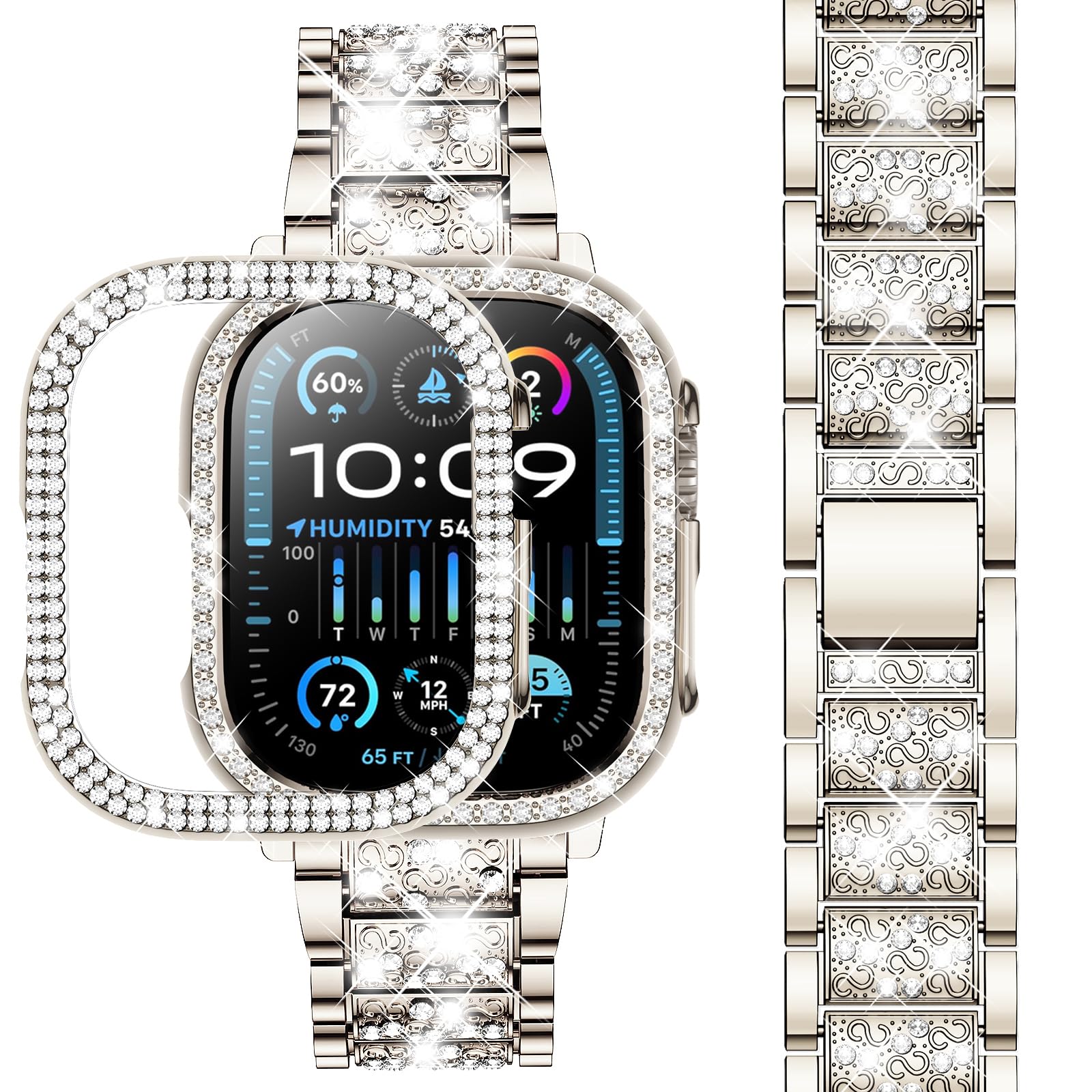 SUPOIX Compatible with Apple Watch Band 49mm + Case, Women Jewelry Bling Diamond Metal Bands & 2 Pack Protective Cover Cases for iWatch Ultra(Champagne)