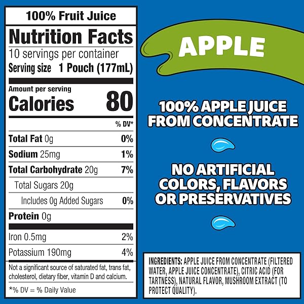 CAPRI SUN 100% JUICE APPLE ALL-NATURAL JUICE FROM CONCENTRATE WITH ADDED INGREDIENTS, 10 CT BOX, 6 FL OZ POUCHES
