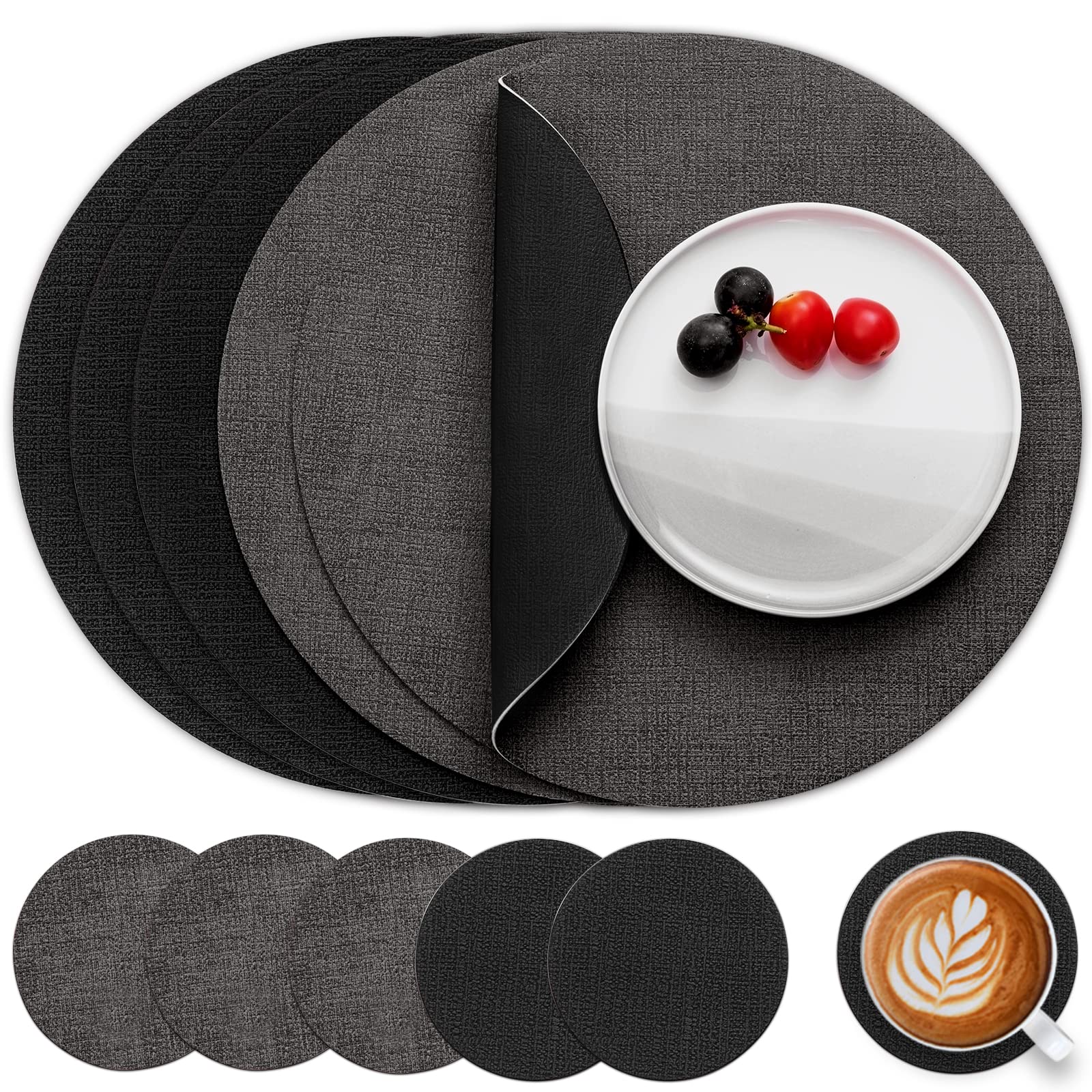 Myir JUN Leather Placemats and Coaster Set of 6, Table Mats Round Waterproof Dual Sided Kitchen Place Mats Coffee Mats Heat Resistant Placemat Non-Slip Washable (set of 6, Black Grey)