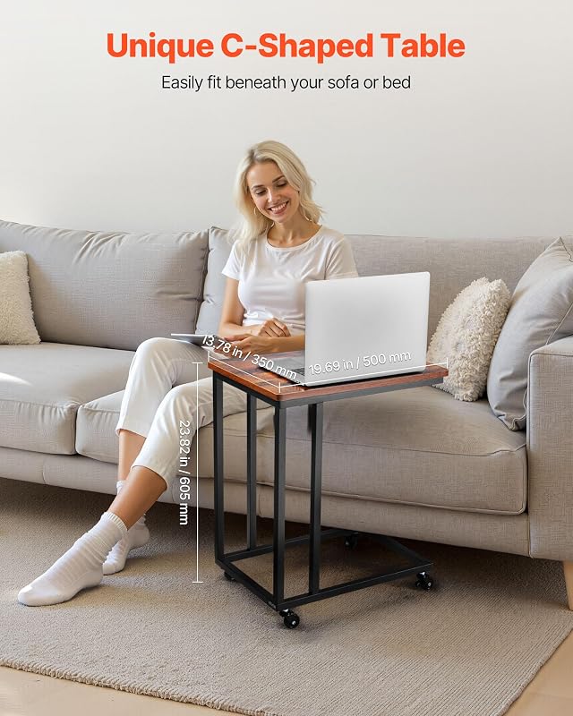 Beistelltisch Kaffeetisch mit Metallrahmen rollbar, C-förmiger Couchtisch für Wohnzimmer Schlafzimmer Büro 500 x 350 x 605 mm TV-Tablett, Wohzimmertisch Sofatisch Braun und Schwarz