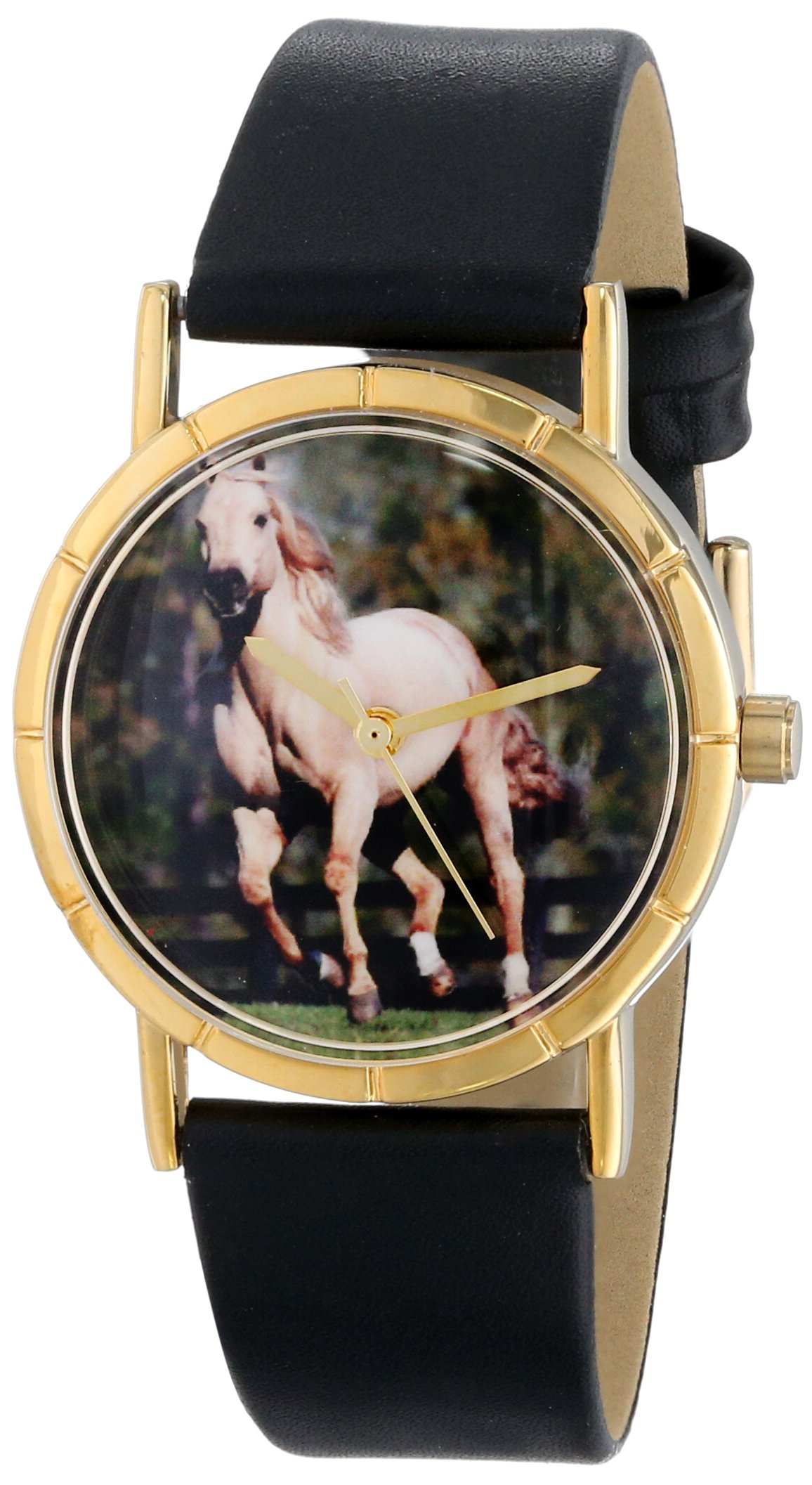 Whimsical Watches American Saddlebred Horse Black Leather and Goldtone Photo Unisex Quartz Watch with White Dial Analogue Display and Multicolour Leather Strap P-0110024
