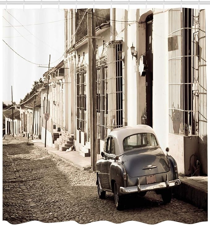 72x72 Inch Cuba Curtain For Bathroom Home Decor Ofat Home Vintage Car Shower Curtain Havana Cuba Poster 1950s Style Nostalgic Retro Shower Curtian Shower Curtain Sets