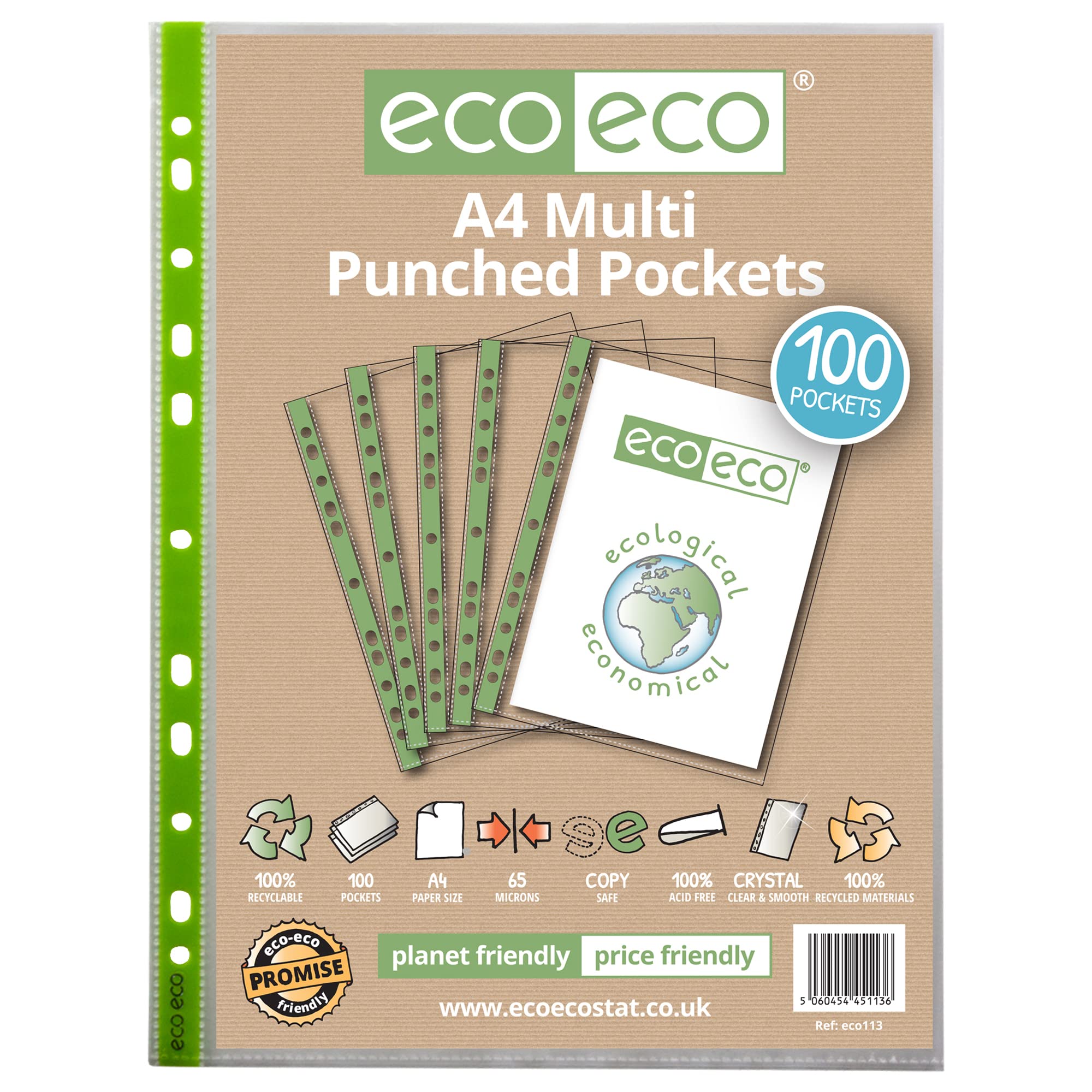 eco-eco A4 100% Recycled Premier Multi Punched Pockets Glass Clear, Transparent Poly Wallet Sheet Protector, 65 Microns (Pack of 100), eco113