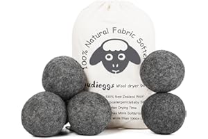 Budieggs Wool Dryer Balls Organic XL 6-Pack, 100% New Zealand Chemical Free Fabric Softener for 1000+ Loads, Baby Safe & Hypo